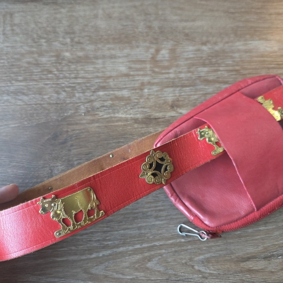 Vintage Swiss Appenzeller Red Leather Belt with Fanny Pack Pouch Brass Cows main image 5